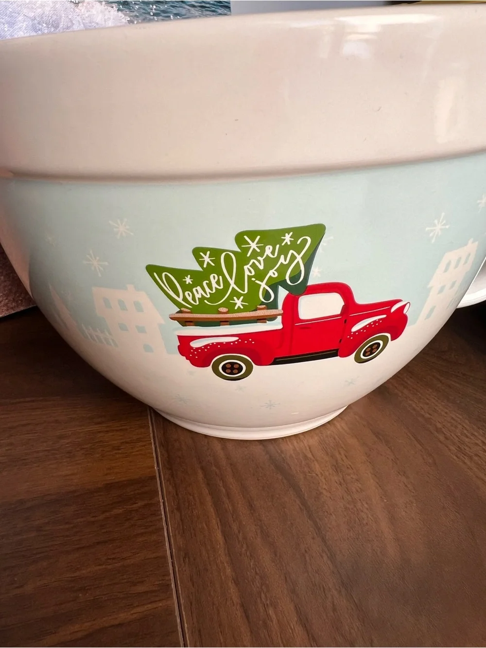 Ceramic Holiday Mixing Bowl with Red Truck Design - Light Blue & White